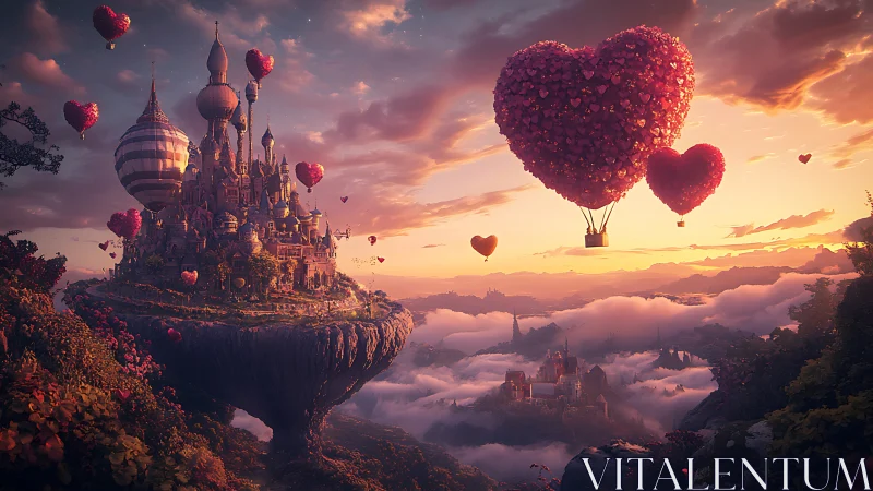 Digital render depicts fantasy castle on cliff with heart-shaped hot air balloons