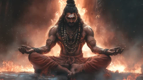 Powerful meditating warrior figure in fiery mystical scene.