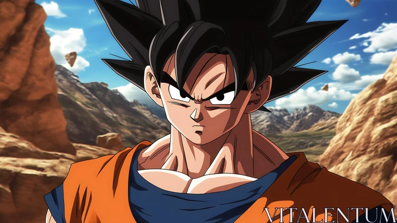 Determined anime hero standing strong in rocky sunlight.