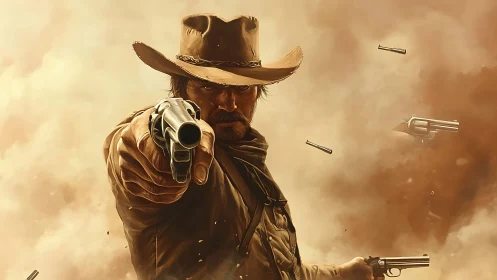 Gritty cowboy gunslinger aiming revolver in dusty standoff.