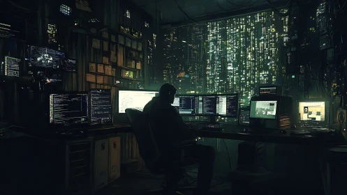 Night coder quietly builds worlds before a neon city window