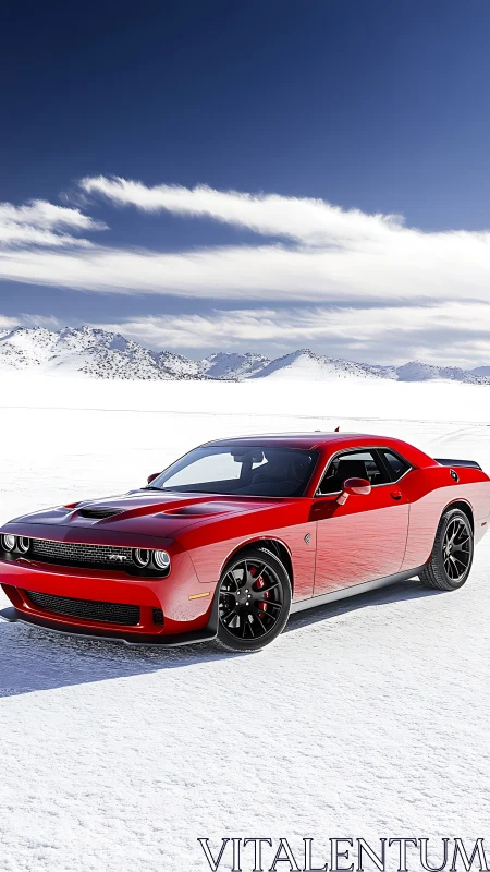 Red performance coupe contrasts hyper-bright snowfield terrain