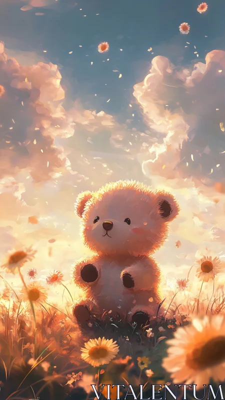 Plush teddy bear sits in glowing wildflower meadow at sunset