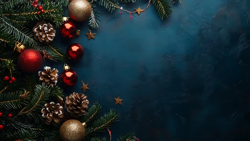 Diagonal Christmas garland arrangement accents textured blue backdrop