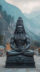 Serene mountain deity statue rests in calm meditative silence