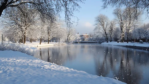 Snow-covered riverside trees line a calm winter waterway