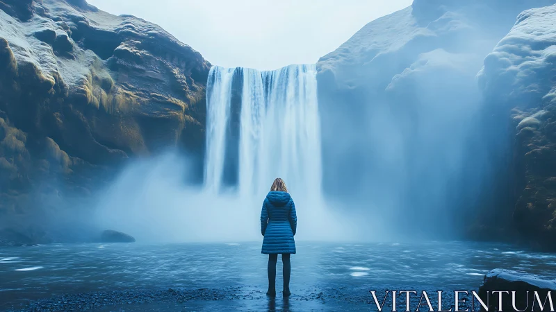 Solitary figure facing glacial waterfall in mist-laden basin