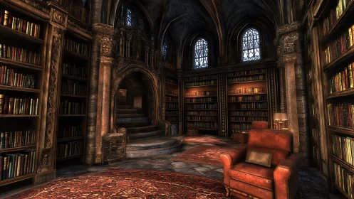 Gothic library interior with ornate arches and warm light.