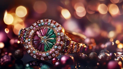 Multicolored gemstone luxury wristwatch under shallow depth bokeh