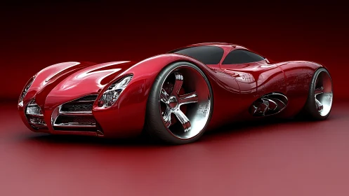 Streamlined red concept sports car on monochrome background.