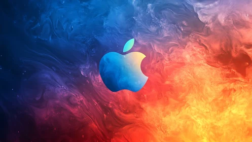 Colorful apple silhouette glows between cool blue and warm fire