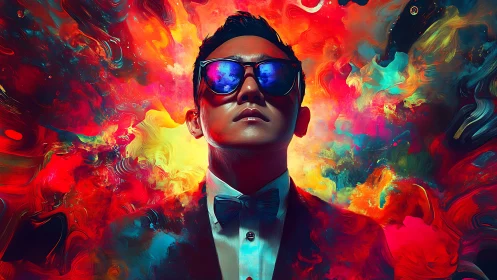 Confident man in suit emerges from explosive neon color storm