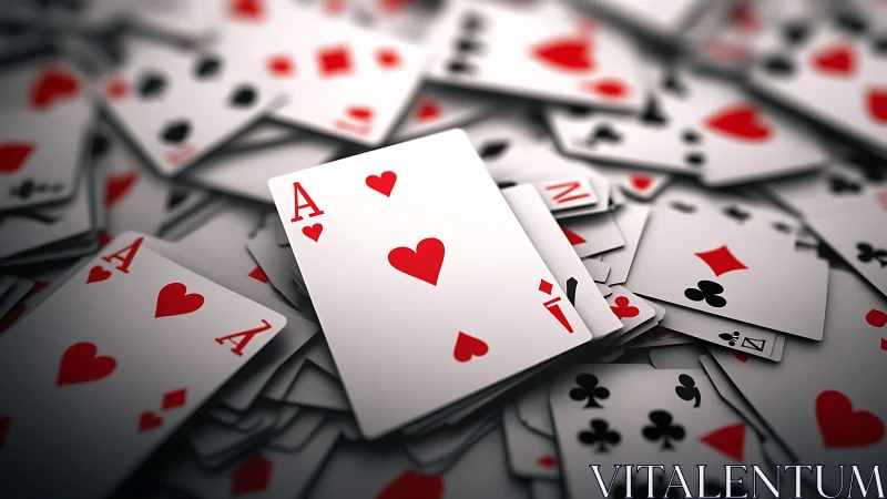 Ace of hearts focal card amid probabilistic deck chaos.