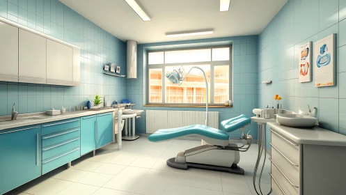 Sunlit turquoise dental room that feels calm and caring.