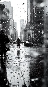Solitary city walker in monochrome rain-soaked street scene.