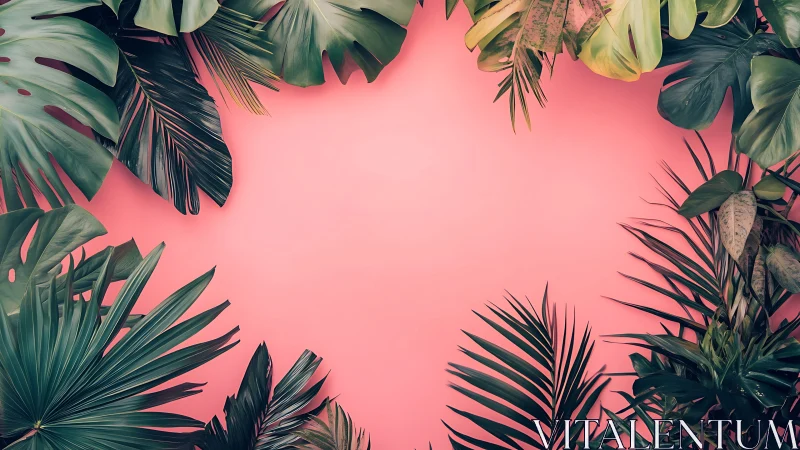 Tropical foliage border surrounding empty pink background.