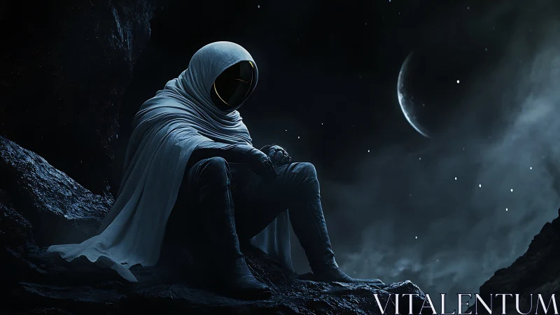 Cloaked astronaut in lunar ravine under crescent moonlit sky