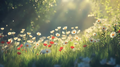 Morning light drifts gently across a wildflower meadow