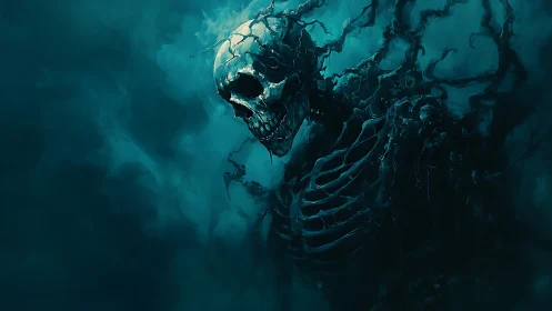 Undead skeletal wraith drifts through teal spectral fog