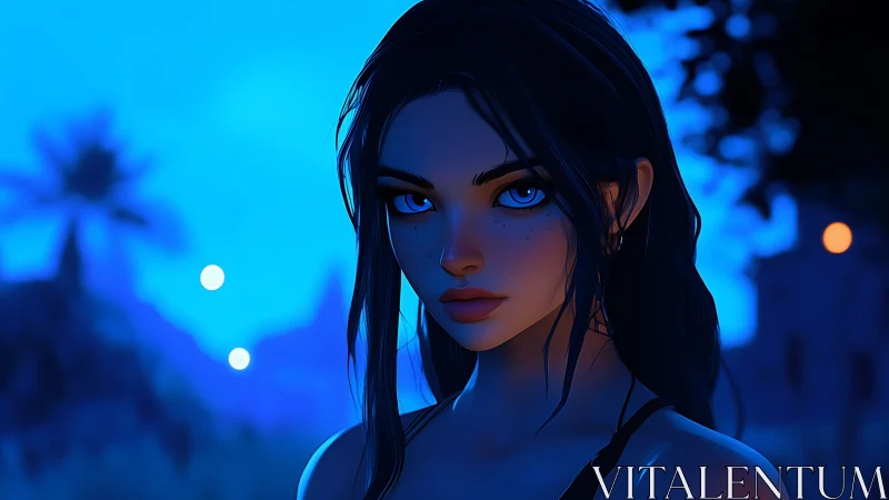 Cyan-lit female portrait with high-contrast rim lighting in dusk
