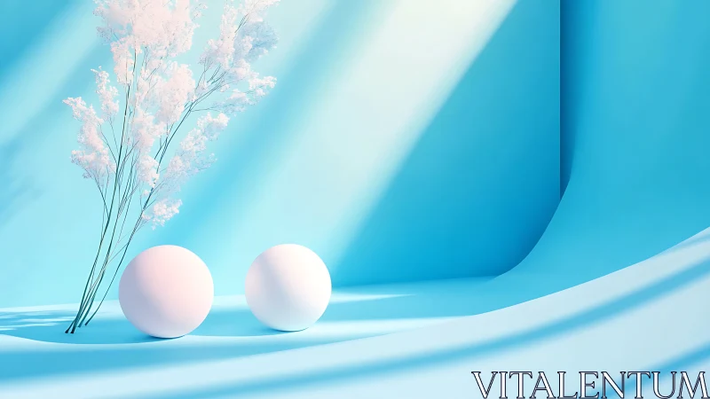 Soft spheres daydream under sky-blue minimalist waves