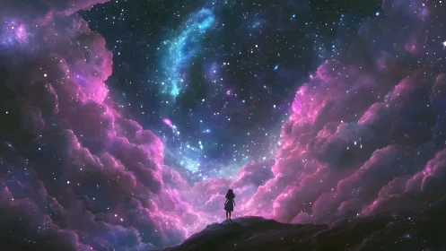 Girl gazes into luminous cosmic clouds and endless starlight.