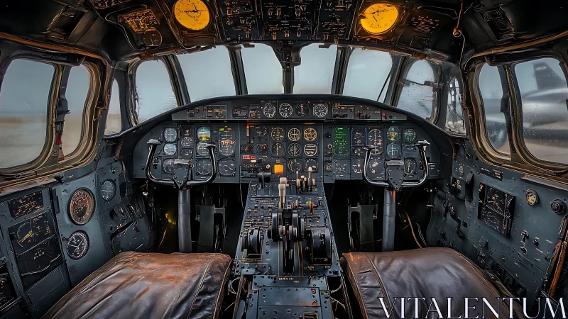 Vintage airliner cockpit with analog gauges and rich patina.
