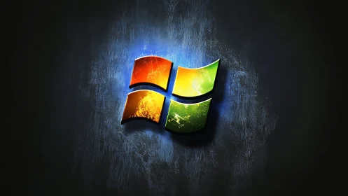 Glowing window logo shines warmly against dark textured wall