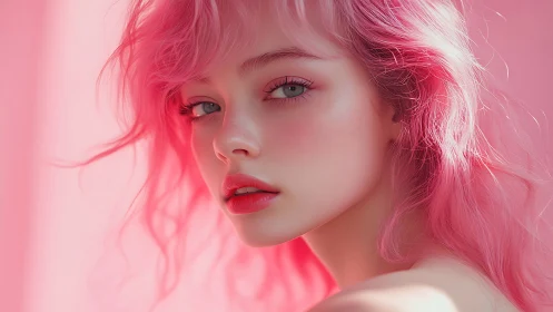 Soft pink haired beauty gazes calmly with gentle charm