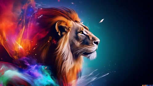High-saturation digital lion portrait with spectral particle effects