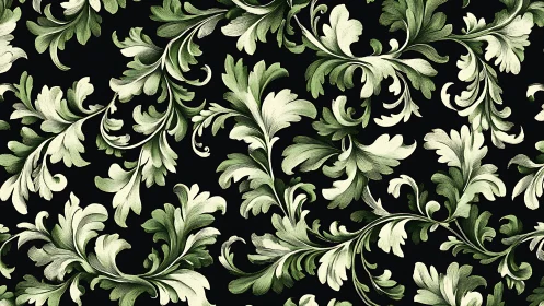 Ornamental green foliage pattern on uniform black background.