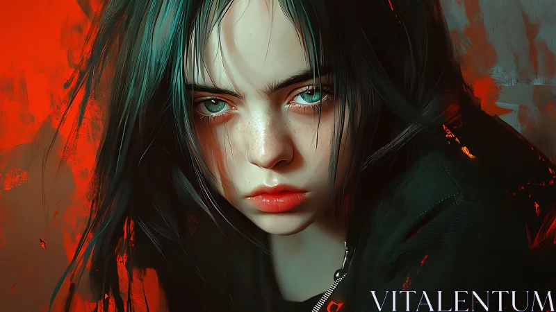 Intense close-up of young woman in red and dark tones.