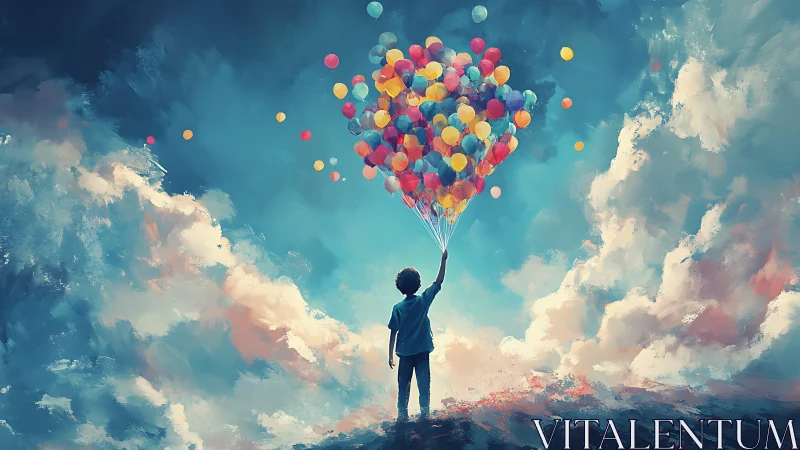 Child holding skyward balloons under vivid painted clouds.