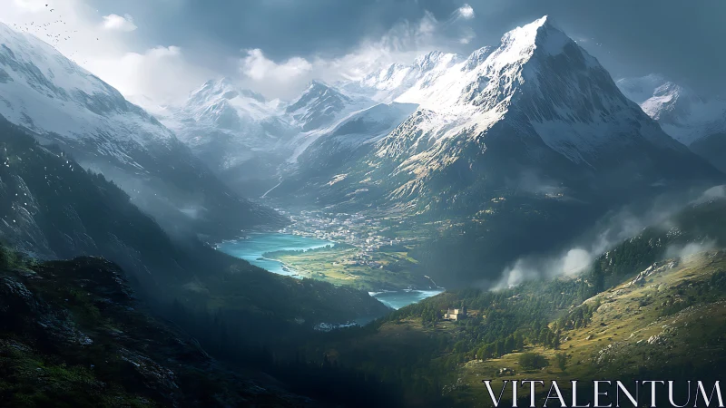 Snow-covered alpine valley with lake and distant village.