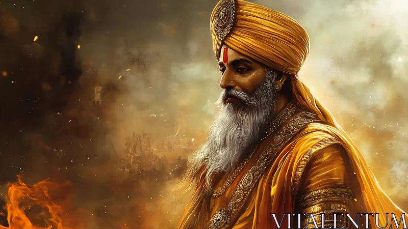 Ember-crowned warrior saint walks through memory’s smoke