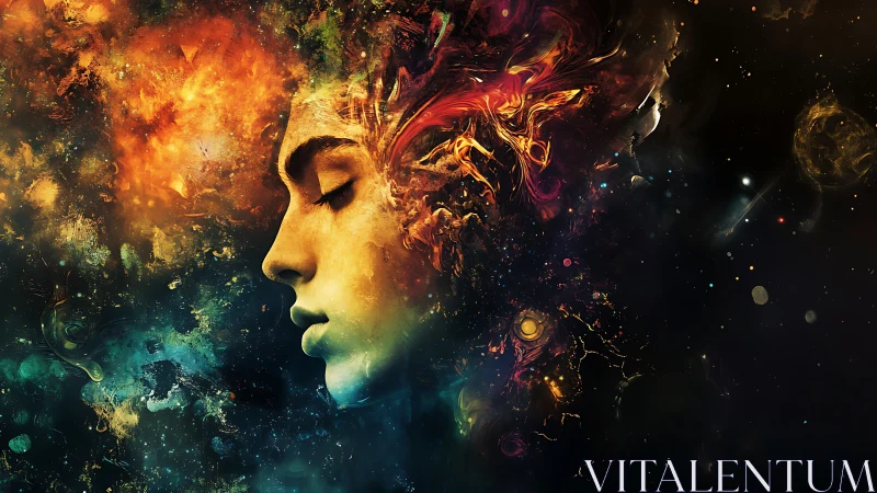 Profiled human visage dissolves into cosmic nebular turbulence