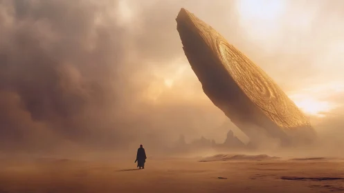 Colossal monolithic disc dominates a mist-laden desert horizon