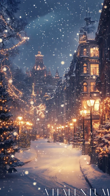 Snow covered city street shows warm lights and falling snow