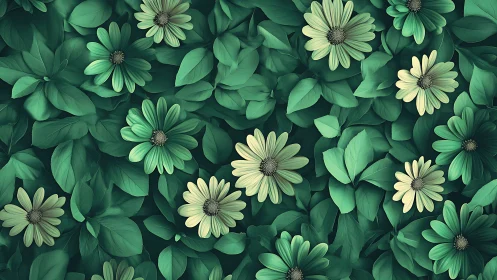 Green daisies with pale petals creating layered floral composition