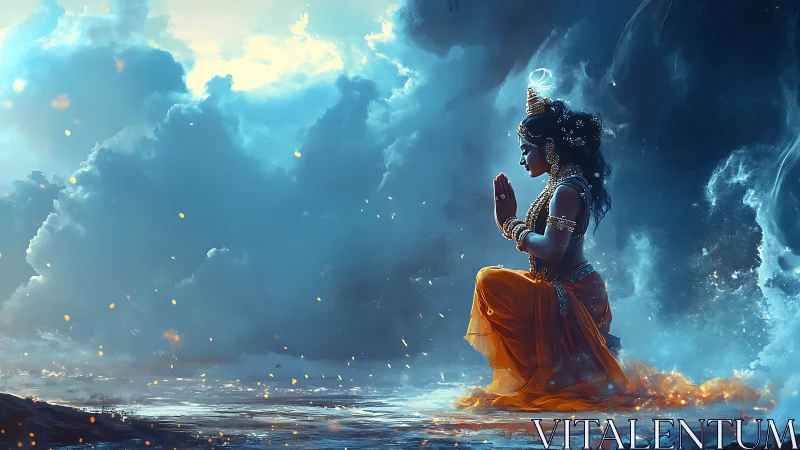 Divine kneeling figure in luminous storm-cloud ritual space.