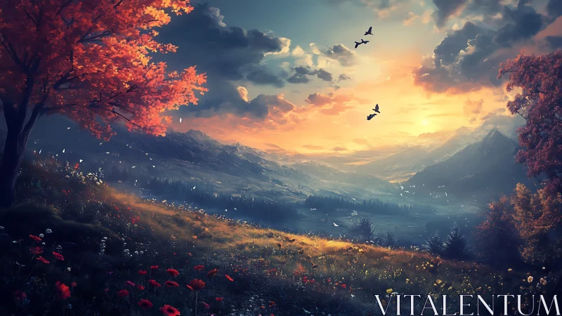 Golden sunset glows over a tranquil autumn mountain valley