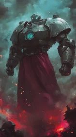 Colossal war mech emerges from burning battlefield haze