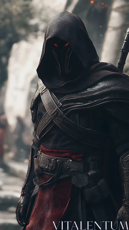 Hooded armored figure stands with glowing red eyes in foggy ruins