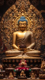 Golden Buddha statue on ornate altar with smaller figures.
