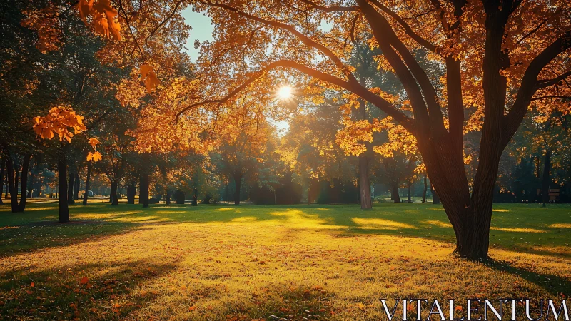 Sunlit autumn park glows with golden foliage and shadows.