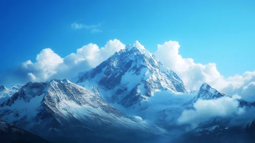 Snow capped mountain peak under clear blue sky.