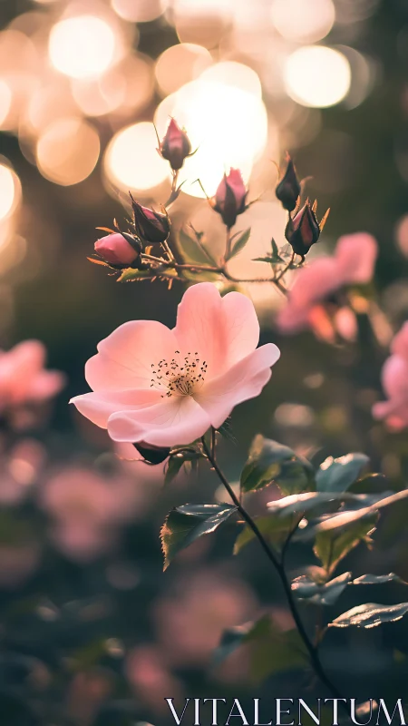 Pink roses bloom with delicate petals and unopened buds backlit.