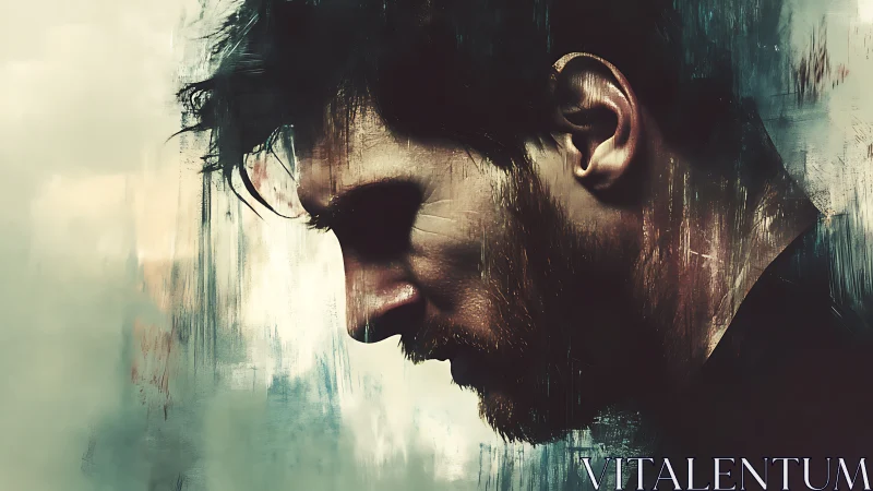 Brooding male profile dissolves into textured abstraction.
