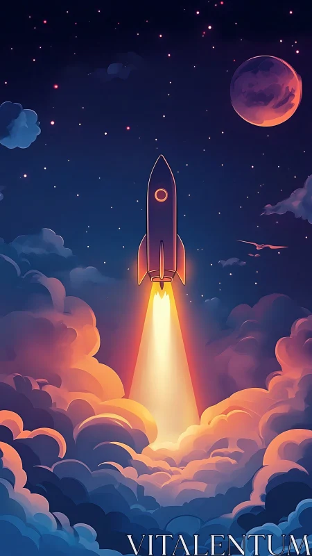 Stylized rocket launch piercing nebula clouds at twilight ascent