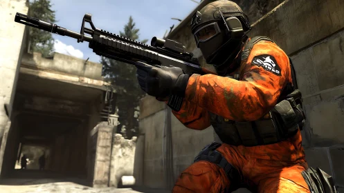 Tactical shooter operative in orange combat gear aiming rifle.